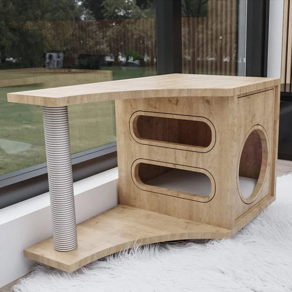 The Nina Cat Bed End Table is a stylish addition to any home. This cat house end table is perfect for the home of a cat lover. It's made from MDF, and it has a smooth finish that will look great in any room.