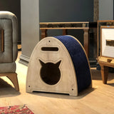 The Cat Teepee is a cat play house that provides a safe and fun space for your cat. It is made of wood and includes two entrances, one on either side, with the design of a teepee on the top.