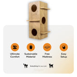 Dexter Modern Cat tower is a handmade cat tree with a modern design. This cat tower has plenty of perches, a hammock, and room for your kitty to play. Great for large cats!