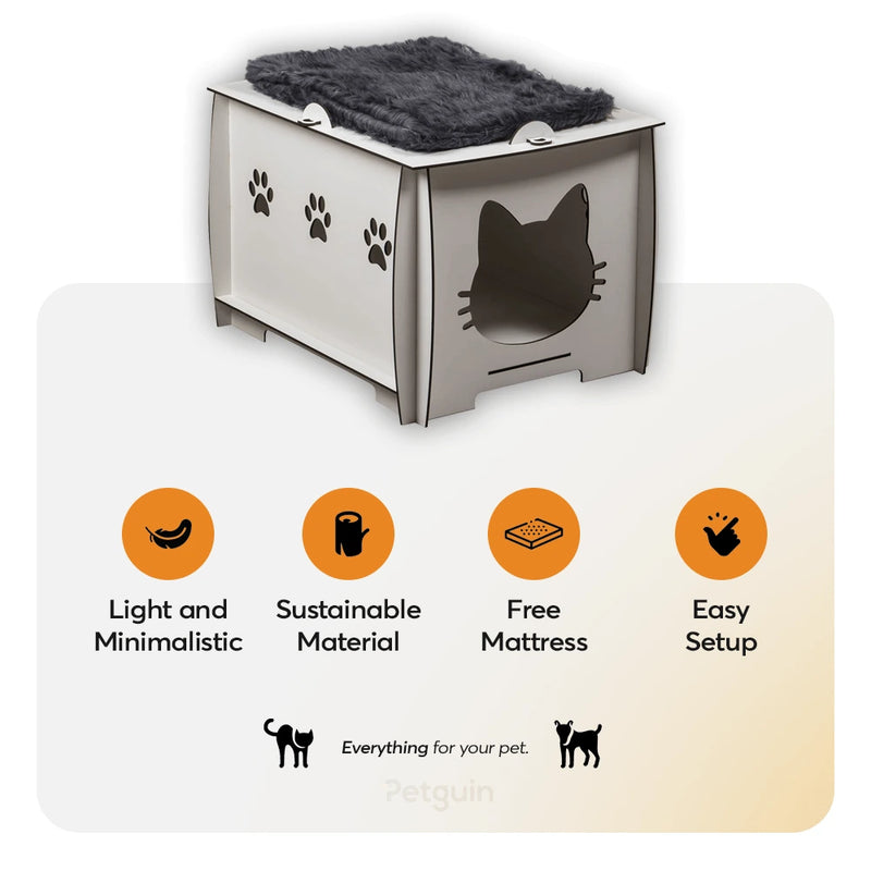A cardboard cat house with a cat house indoor and a cat litter box. Recycled, sturdy, and easy to assemble.