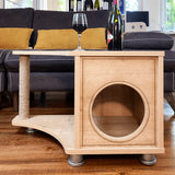 Your cat will love this stylish and functional corner cat bed, which is perfect for any home. This end table is made of solid wood and features a sturdy base with a metal grate.