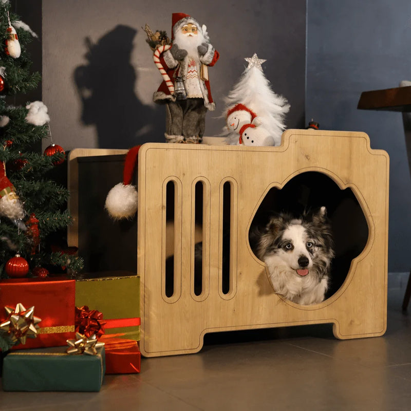 Ozzy Wooden Dog House is a modern dog crate made of wood. It is the perfect size for your pet, and it will last for years to come.